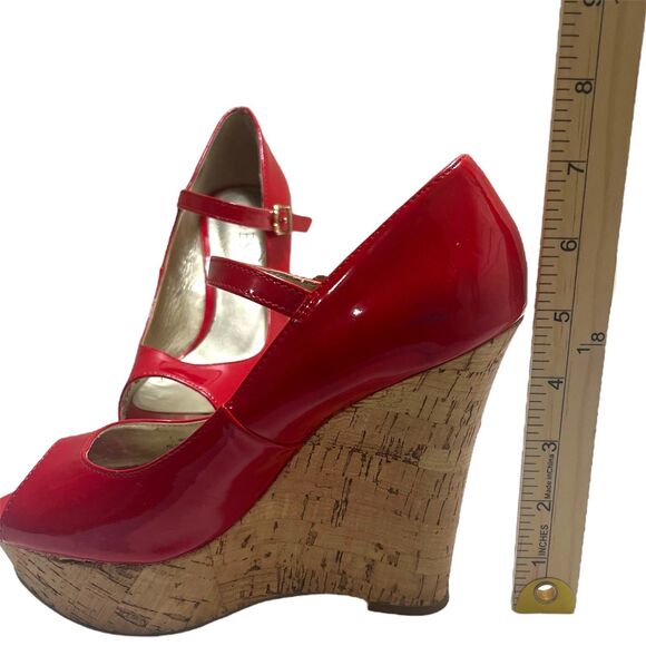 Guess Women's Size 6.5 Red Cork Wedge Open Toe Heels with Buckle Strap READ - Picture 4 of 13